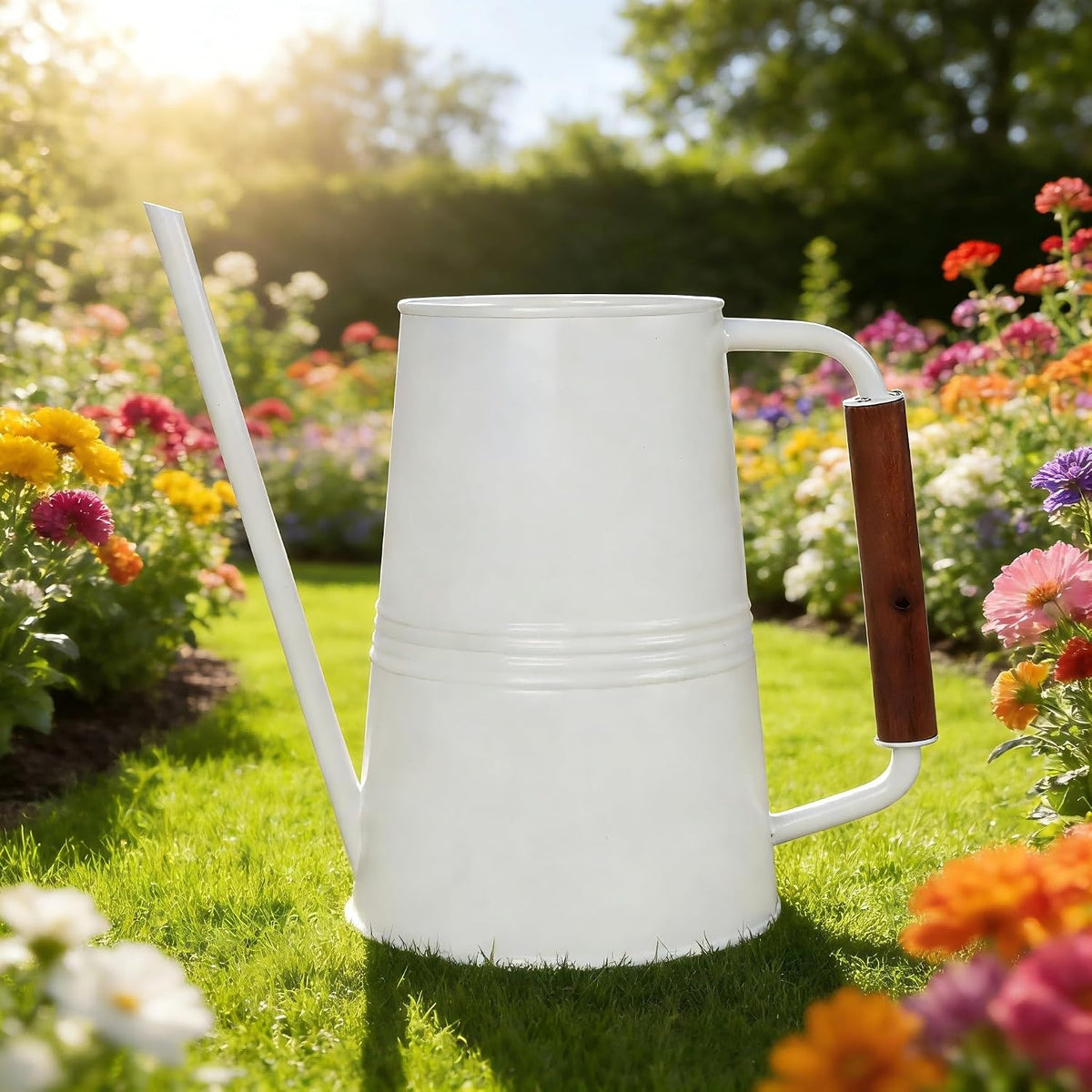 Metal Watering Can with Long Spout & Wooden Grip Handle,1 Gallon,White