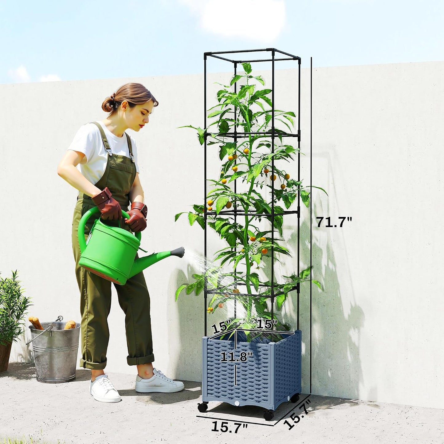 Raised Garden Bed with Trellis, 71.7" Tomato Planter Cage, Gray