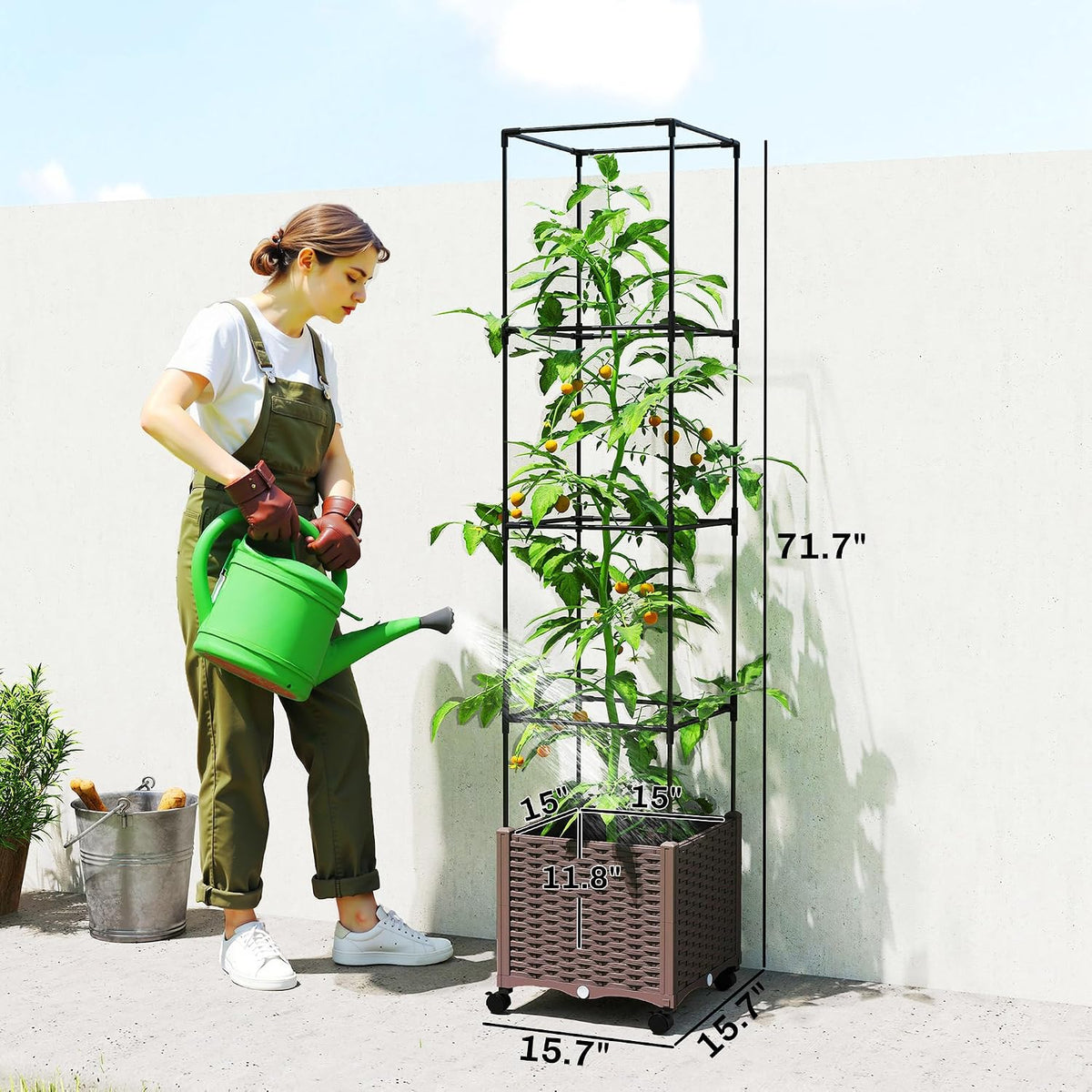 Raised Garden Bed with Trellis, 71.7" Tomato Planter Cage, Gray