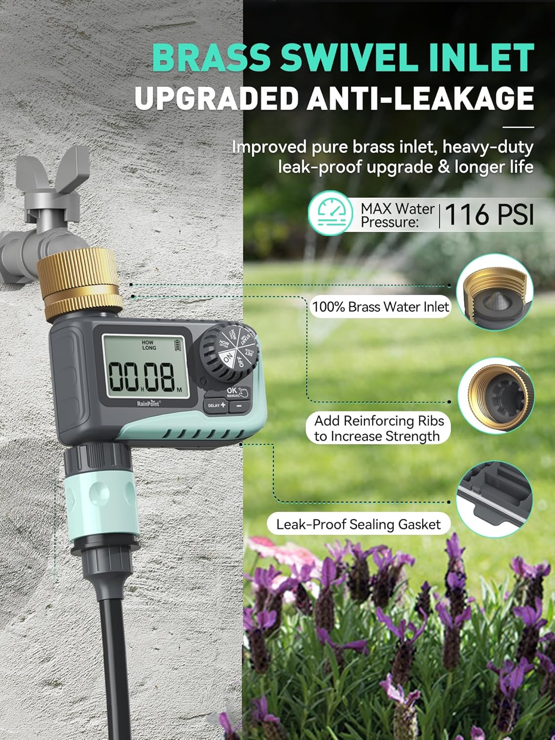 2-Pack Sprinkler Timer with Brass Swivel for Garden Hose, Programmable Hose Timer with Rain Delay/Manual Watering, Digital Irrigation System for Lawns, 1 Outlet