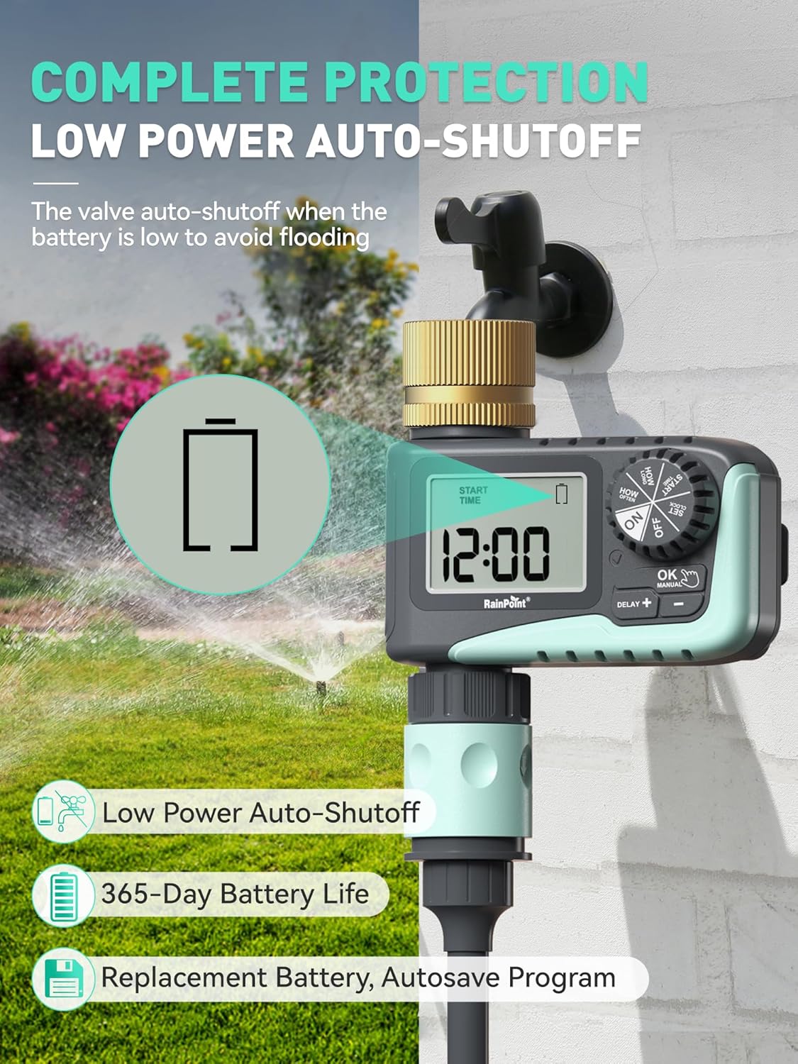 2-Pack Sprinkler Timer with Brass Swivel for Garden Hose, Programmable Hose Timer with Rain Delay/Manual Watering, Digital Irrigation System for Lawns, 1 Outlet