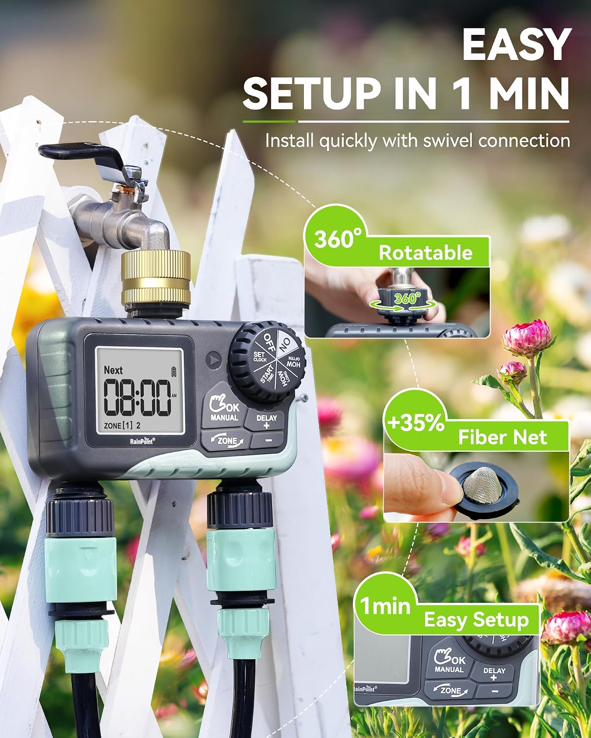 Water Timer for Garden Hose - 2 Zone Sprinkler Timer with Rain Delay/Manual Watering/Automatic Irrigation for Yard Lawn