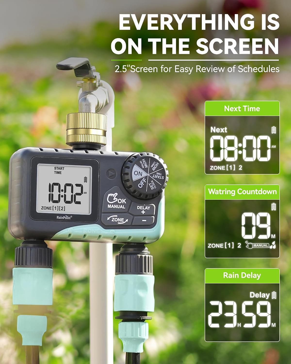 Water Timer for Garden Hose - 2 Zone Sprinkler Timer with Rain Delay/Manual Watering/Automatic Irrigation for Yard Lawn