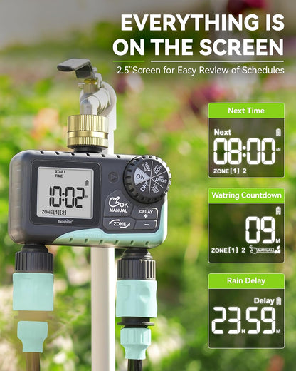 Water Timer for Garden Hose - 2 Zone Sprinkler Timer with Rain Delay/Manual Watering/Automatic Irrigation for Yard Lawn