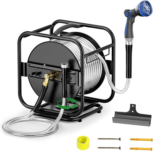Garden Hose Reel With 100Ft Metal Water Pipe, 360° Rotation Frame