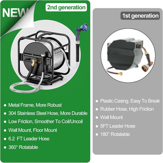 Garden Hose Reel With 100Ft Metal Water Pipe, 360° Rotation Frame