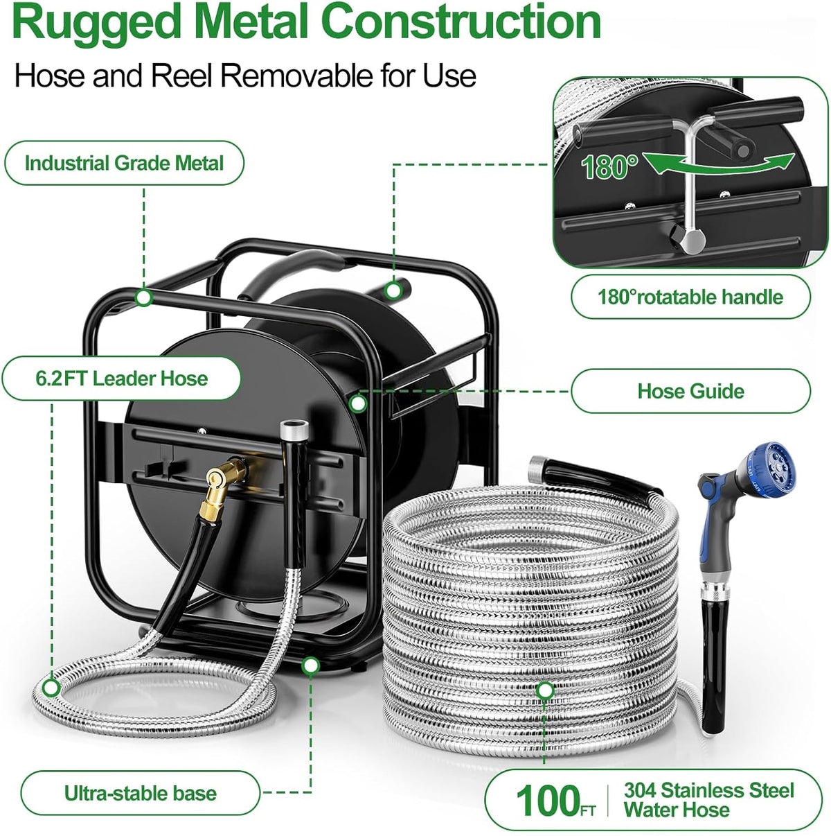 Garden Hose Reel With 100Ft Metal Water Pipe, 360° Rotation Frame
