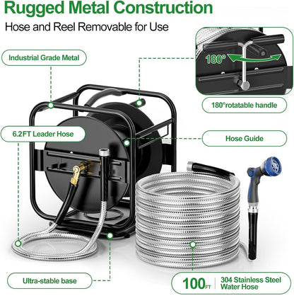 Garden Hose Reel With 100Ft Metal Water Pipe, 360° Rotation Frame