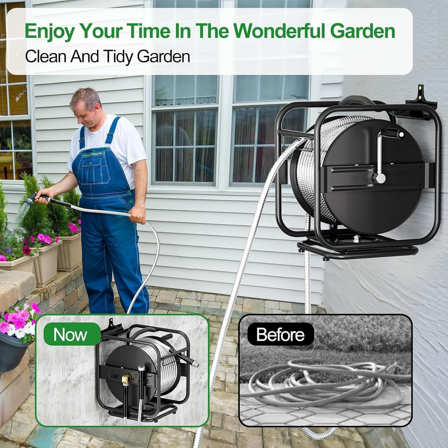 Garden Hose Reel With 100Ft Metal Water Pipe, 360° Rotation Frame