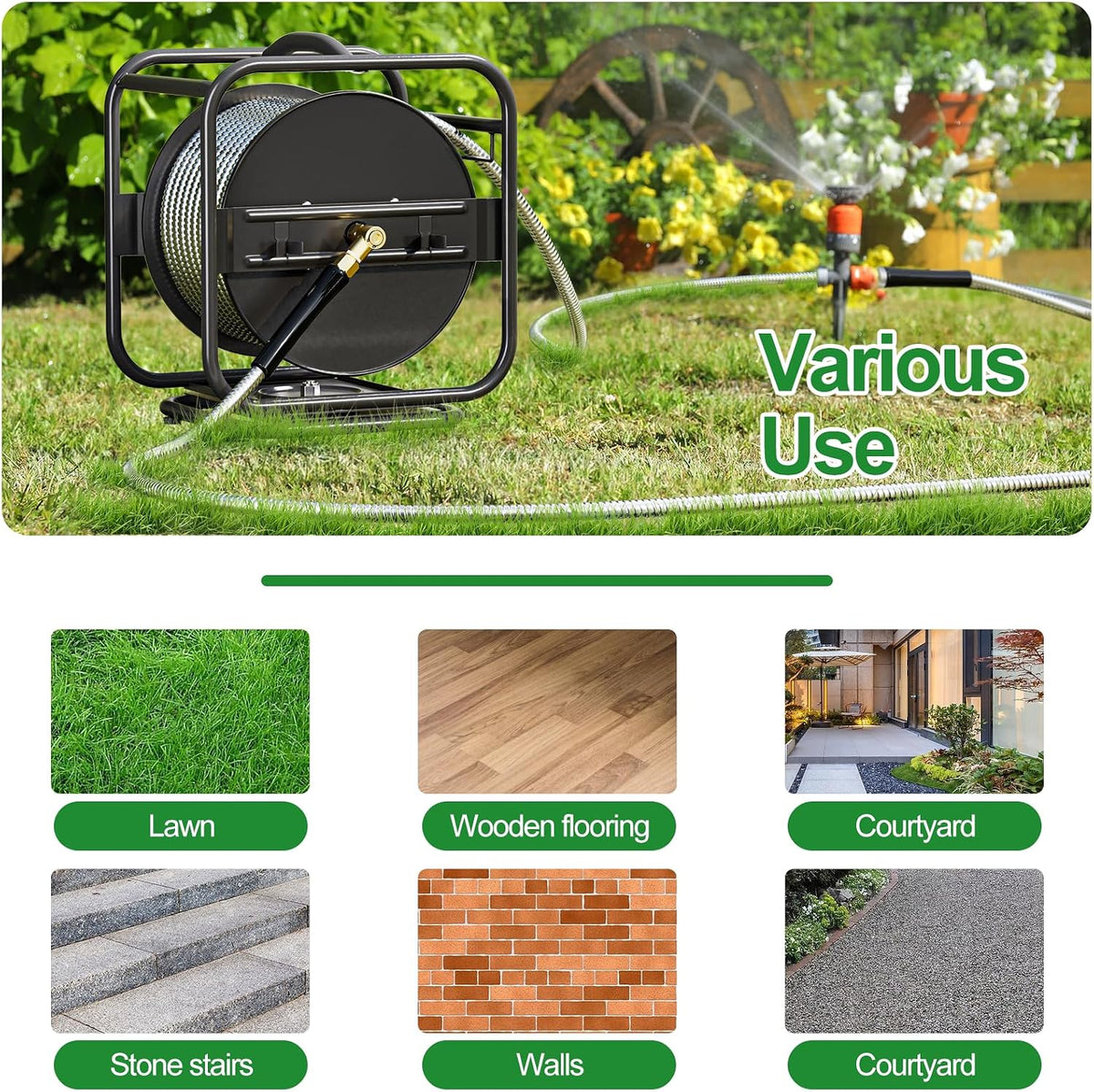 Garden Hose Reel With 100Ft Metal Water Pipe, 360° Rotation Frame
