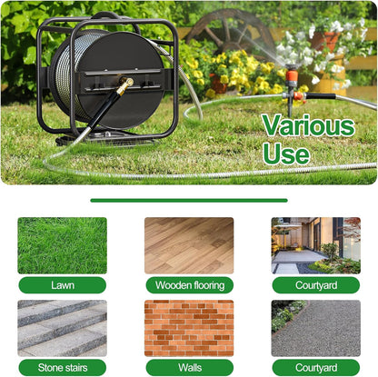 Garden Hose Reel With 100Ft Metal Water Pipe, 360° Rotation Frame