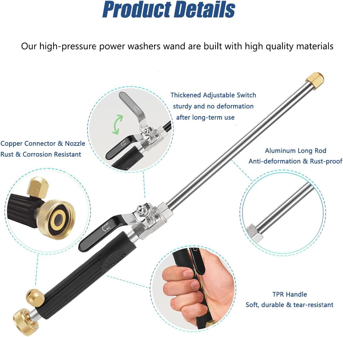 High Pressure Power Washer Wand, Watering Sprayer Cleaning Tool, Hydro Jet Water Hose Nozzle, Wand Lance for Gutter Patio Car Pet Window blue