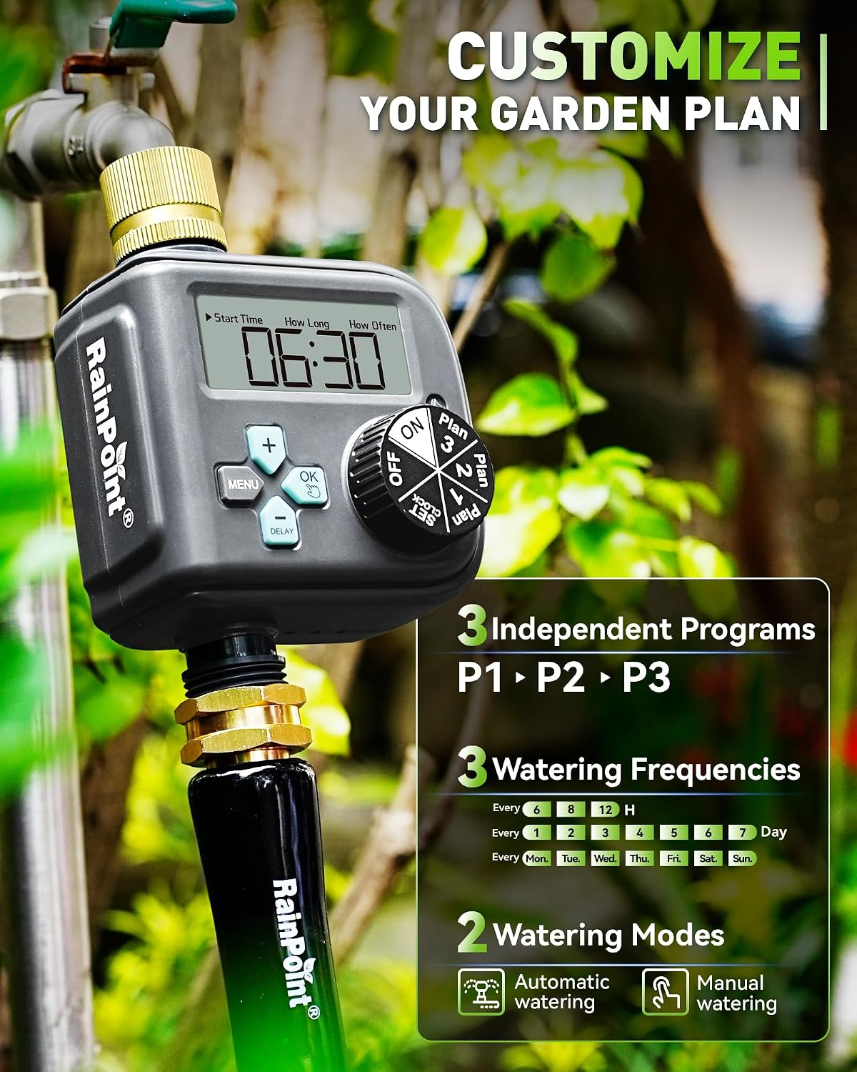 Sprinkler Timer with 3 Different Programs, Waterproof Hose Timer Brass Inlet with Rain Delay/Manual/Automatic Irrigation System, 1 Outlet