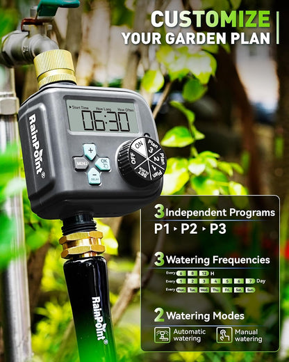 Sprinkler Timer with 3 Different Programs, Waterproof Hose Timer Brass Inlet with Rain Delay/Manual/Automatic Irrigation System, 1 Outlet