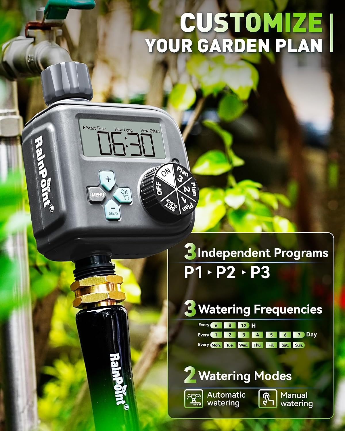 Sprinkler Timer with 3 Different Programs, Waterproof Hose Timer Brass Inlet with Rain Delay/Manual/Automatic Irrigation System, 1 Outlet