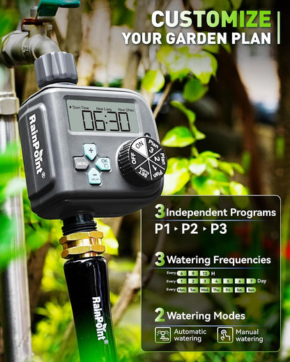 Sprinkler Timer with 3 Different Programs, Waterproof Hose Timer Brass Inlet with Rain Delay/Manual/Automatic Irrigation System, 1 Outlet