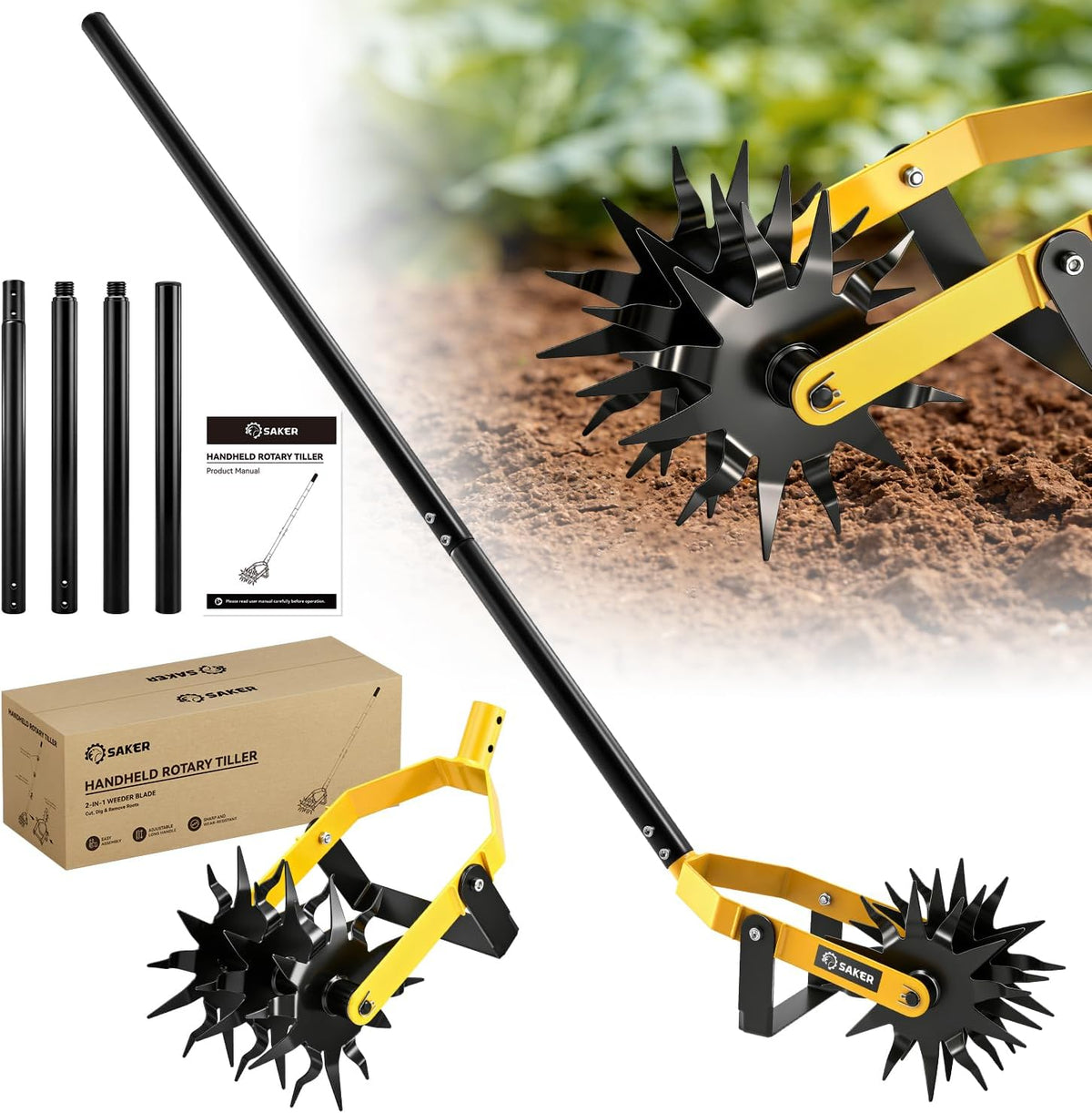 Rotary Cultivator Hand Tiller Tool – 2-in-1 Manual Garden Tiller & Weeder with Adjustable 72.4in Long Handle, 3-Blade Steel Rotary, Heavy Duty Soil Cultivator for Raised Beds, Yard & Garden