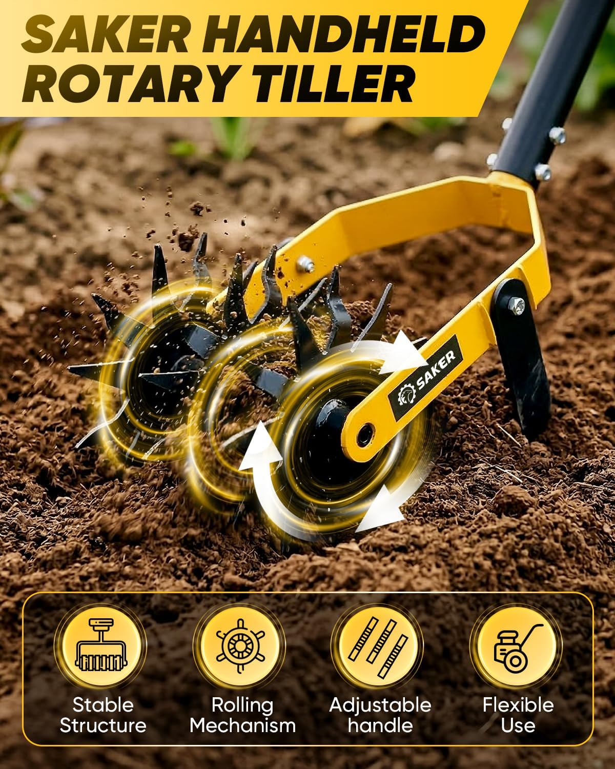 Rotary Cultivator Hand Tiller Tool – 2-in-1 Manual Garden Tiller & Weeder with Adjustable 72.4in Long Handle, 3-Blade Steel Rotary, Heavy Duty Soil Cultivator for Raised Beds, Yard & Garden