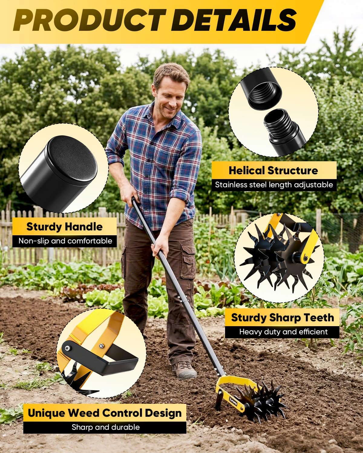 Rotary Cultivator Hand Tiller Tool – 2-in-1 Manual Garden Tiller & Weeder with Adjustable 72.4in Long Handle, 3-Blade Steel Rotary, Heavy Duty Soil Cultivator for Raised Beds, Yard & Garden