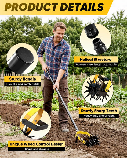 Rotary Cultivator Hand Tiller Tool – 2-in-1 Manual Garden Tiller & Weeder with Adjustable 72.4in Long Handle, 3-Blade Steel Rotary, Heavy Duty Soil Cultivator for Raised Beds, Yard & Garden