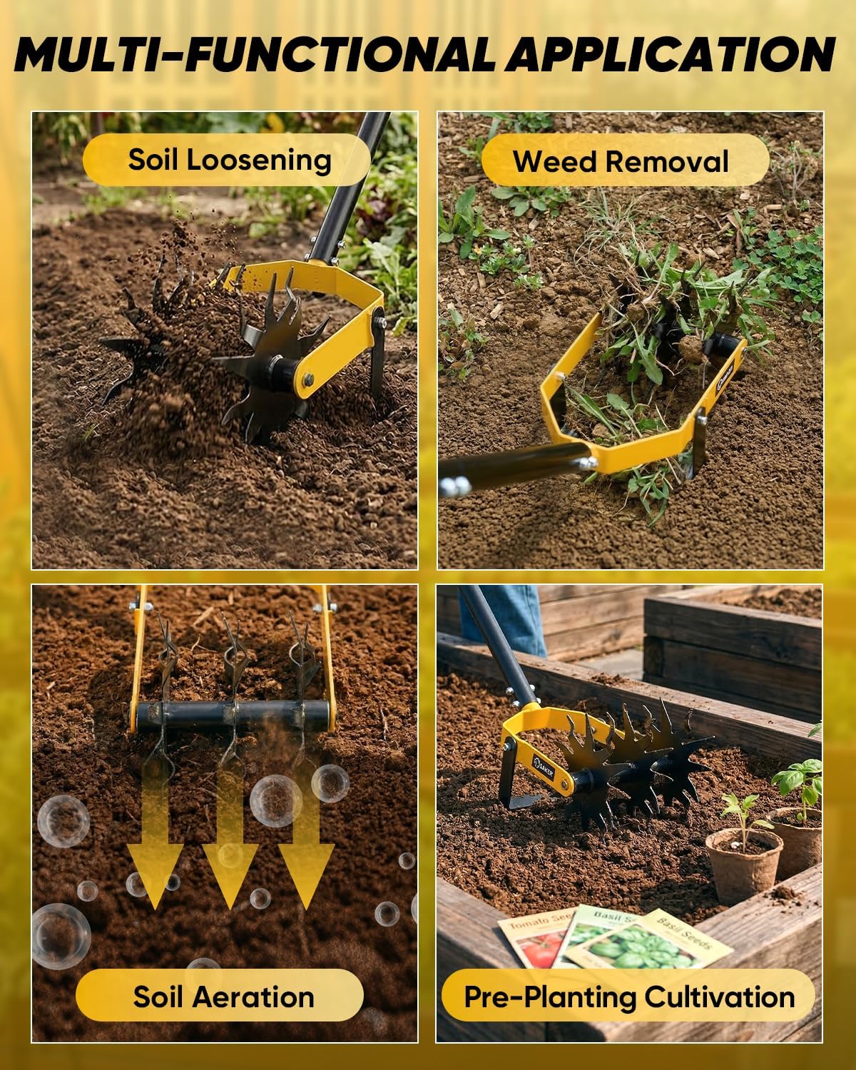 Rotary Cultivator Hand Tiller Tool – 2-in-1 Manual Garden Tiller & Weeder with Adjustable 72.4in Long Handle, 3-Blade Steel Rotary, Heavy Duty Soil Cultivator for Raised Beds, Yard & Garden