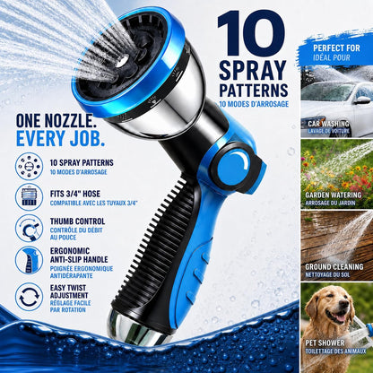 Garden Hose Nozzle, Durable High Pressure Water Hose Sprayer Nozzle with 10 Patterns for Watering Plants, Washing Cars, Cleaning Patio, Showering Pets