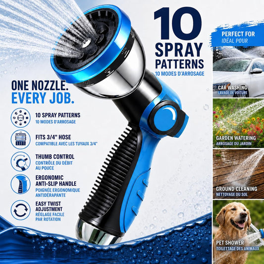 Garden Hose Nozzle, Durable High Pressure Water Hose Sprayer Nozzle with 10 Patterns for Watering Plants, Washing Cars, Cleaning Patio, Showering Pets