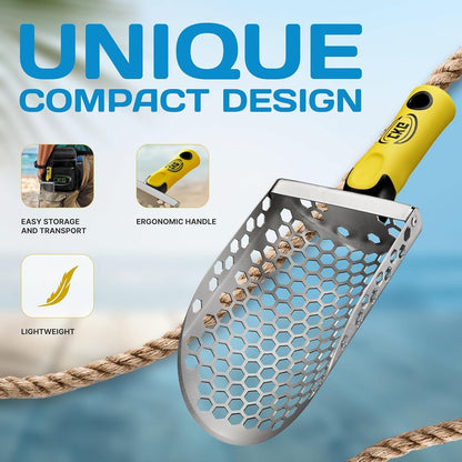 CKG Hand Sand Scoop for Metal Detecting with Ergonomic Yellow Handle, Metal Detecting Shovel for Beach Sand Sifter, Heavy Duty Stainless Steel, Perfect from Metal Detector Accessories