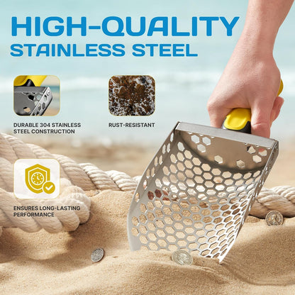 CKG Hand Sand Scoop for Metal Detecting with Ergonomic Yellow Handle, Metal Detecting Shovel for Beach Sand Sifter, Heavy Duty Stainless Steel, Perfect from Metal Detector Accessories
