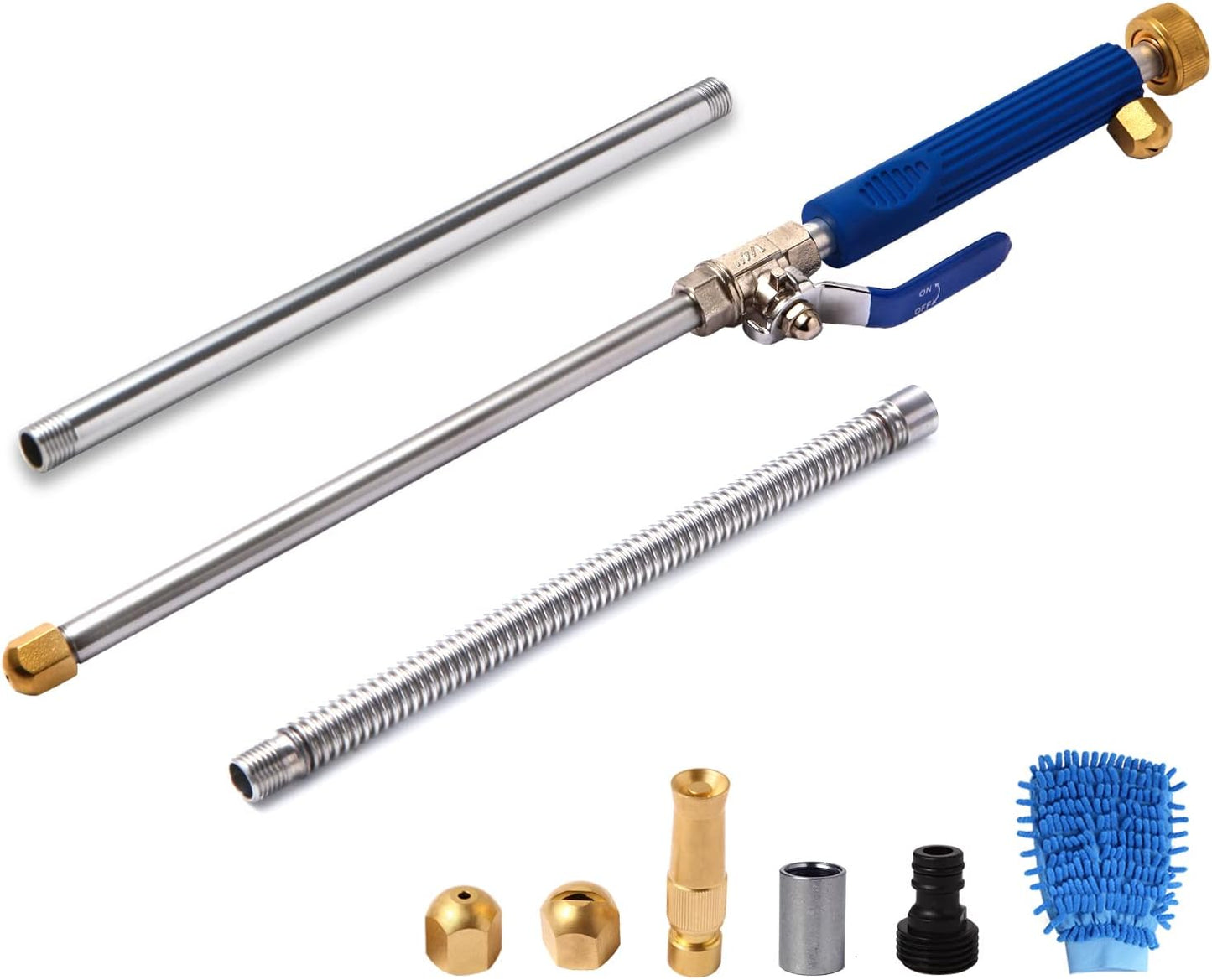 High Pressure Power Washer Wand, Hydro Jet Water Wand Pressure Sprayer,Flexible Garden Watering Wand with 3 Hose Nozzle Universal Hose End for Car Pet Window Patio Gutter Cleaning Tool Blue