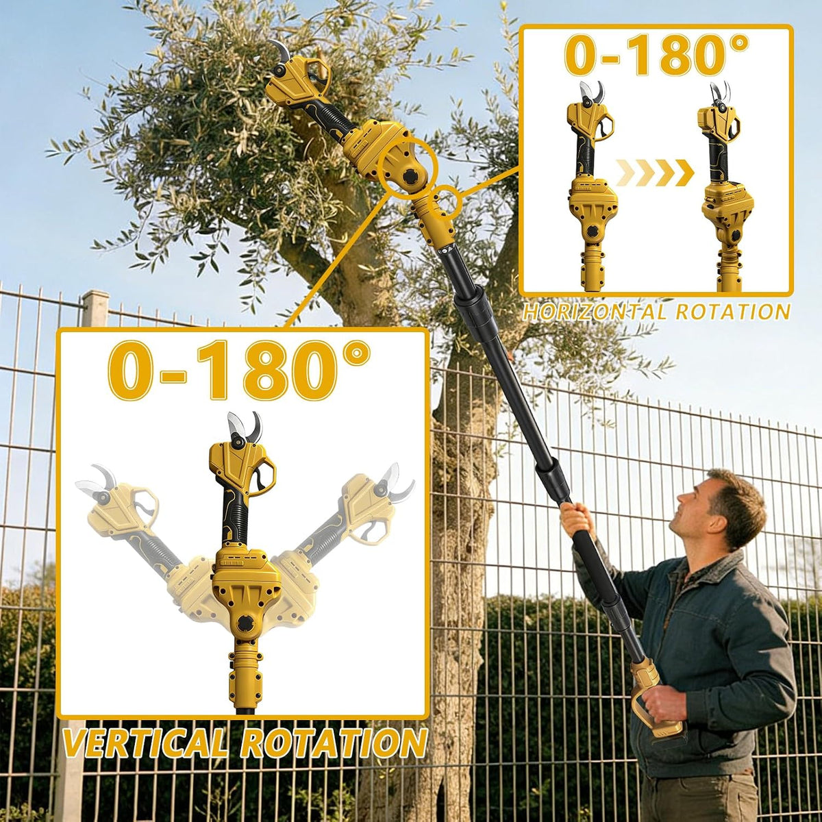 Cordless Pruning Shears Compatible with Dewalt 20V, Electric Pruning Shears with Extension Pole up to 4.57m Range, LCD Display 35 mm Battery Pruning Shears & Loppers for Garden (No Battery)