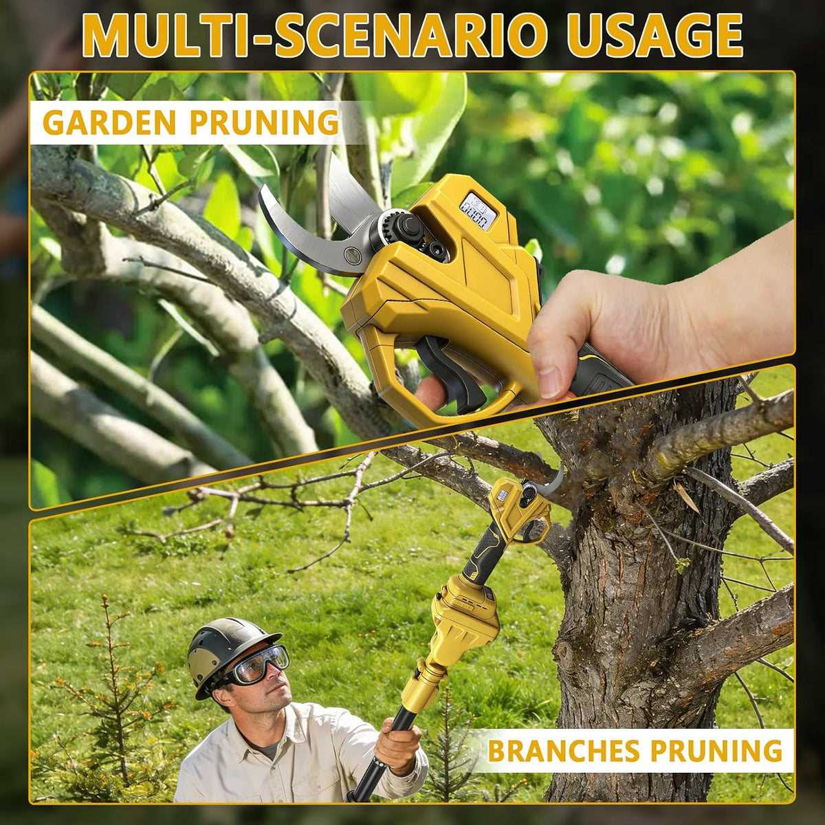 Cordless Pruning Shears Compatible with Dewalt 20V, Electric Pruning Shears with Extension Pole up to 4.57m Range, LCD Display 35 mm Battery Pruning Shears & Loppers for Garden (No Battery)