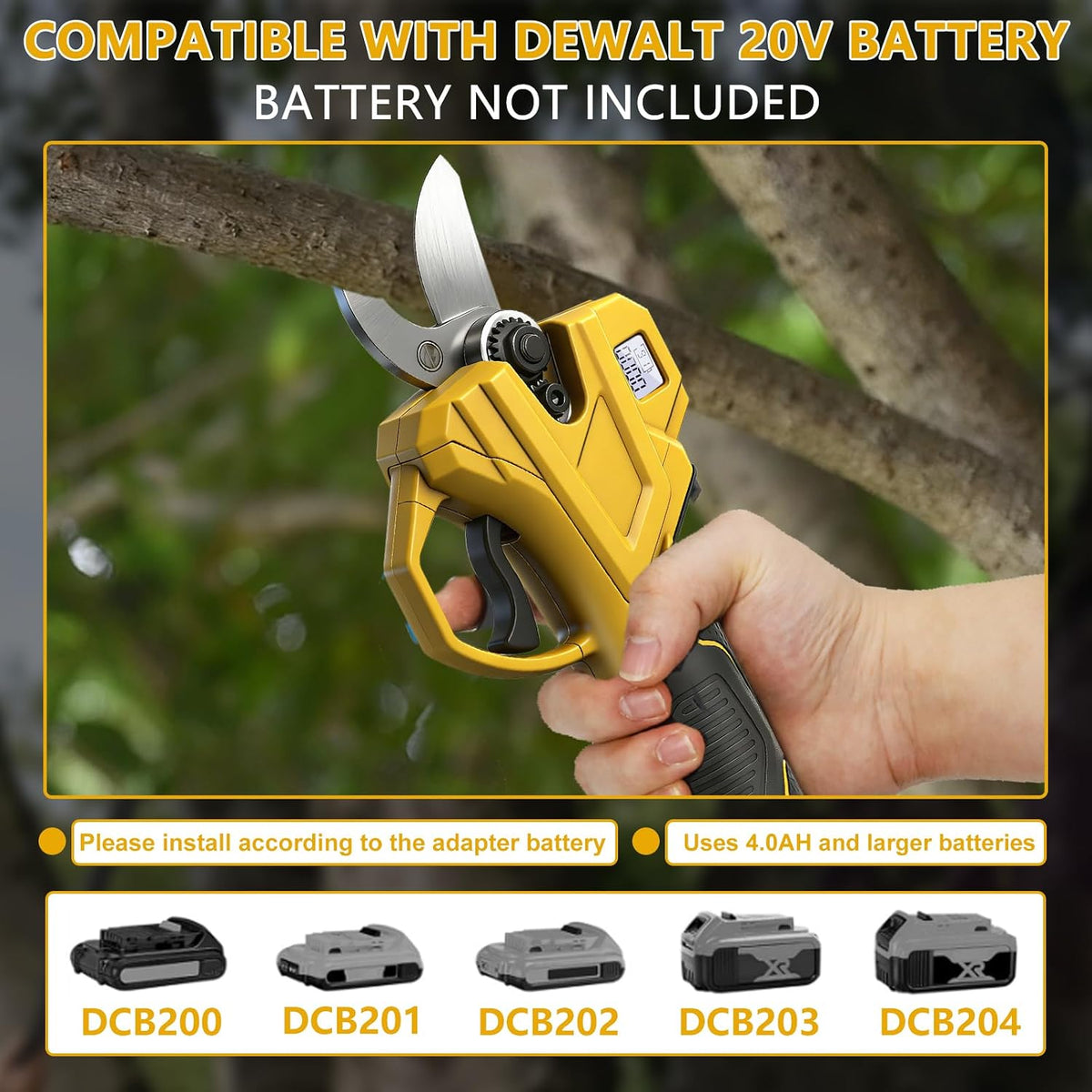 Cordless Pruning Shears Compatible with Dewalt 20V, Electric Pruning Shears with Extension Pole up to 4.57m Range, LCD Display 35 mm Battery Pruning Shears & Loppers for Garden (No Battery)