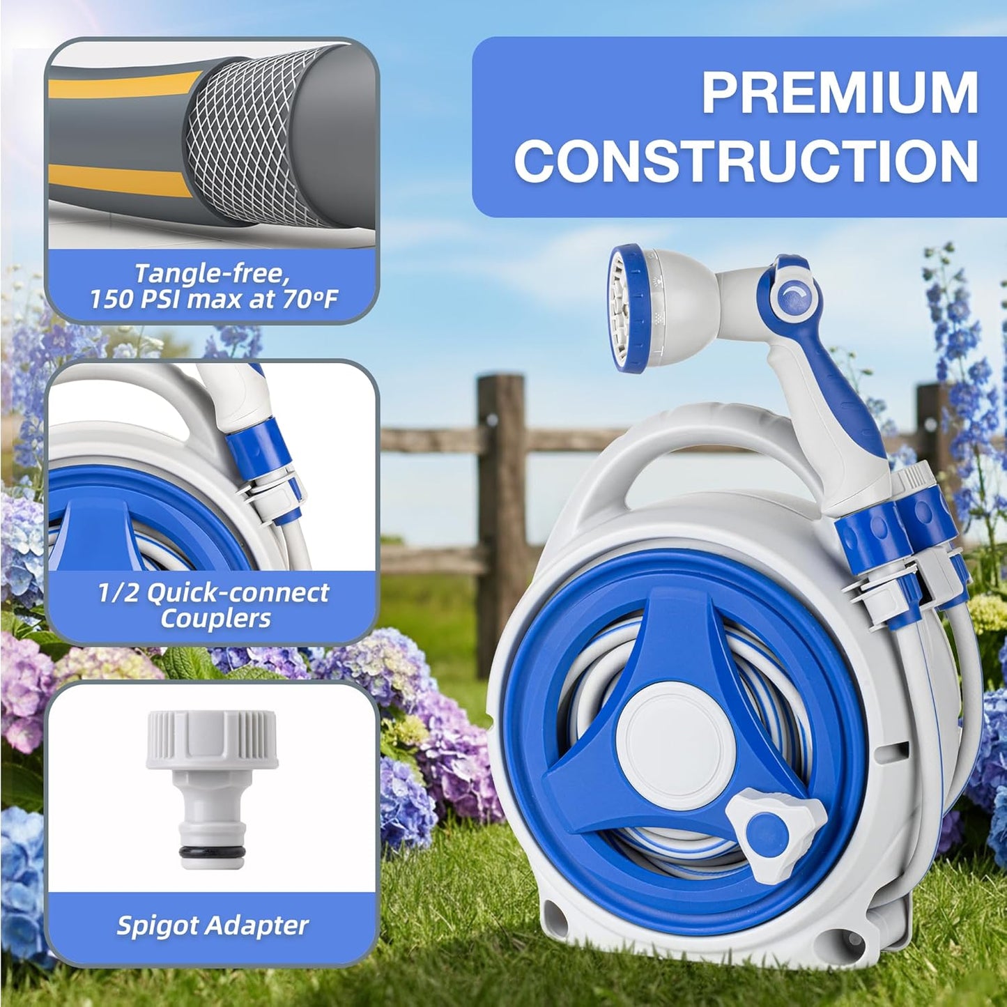 Retractable Garden Hose Reel, Home Hose Reel with10 Patterns Spray Nozzle, Adapts to standard US hose plugs, for Garden Watering, Floor Cleaning, Pet Cleaning, etc (50FT)