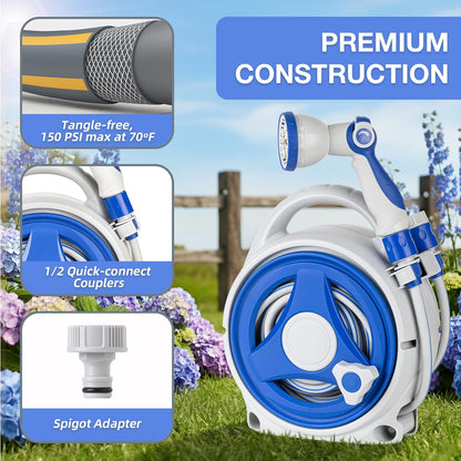 Retractable Garden Hose Reel, Home Hose Reel with10 Patterns Spray Nozzle, Adapts to standard US hose plugs, for Garden Watering, Floor Cleaning, Pet Cleaning, etc (50FT)