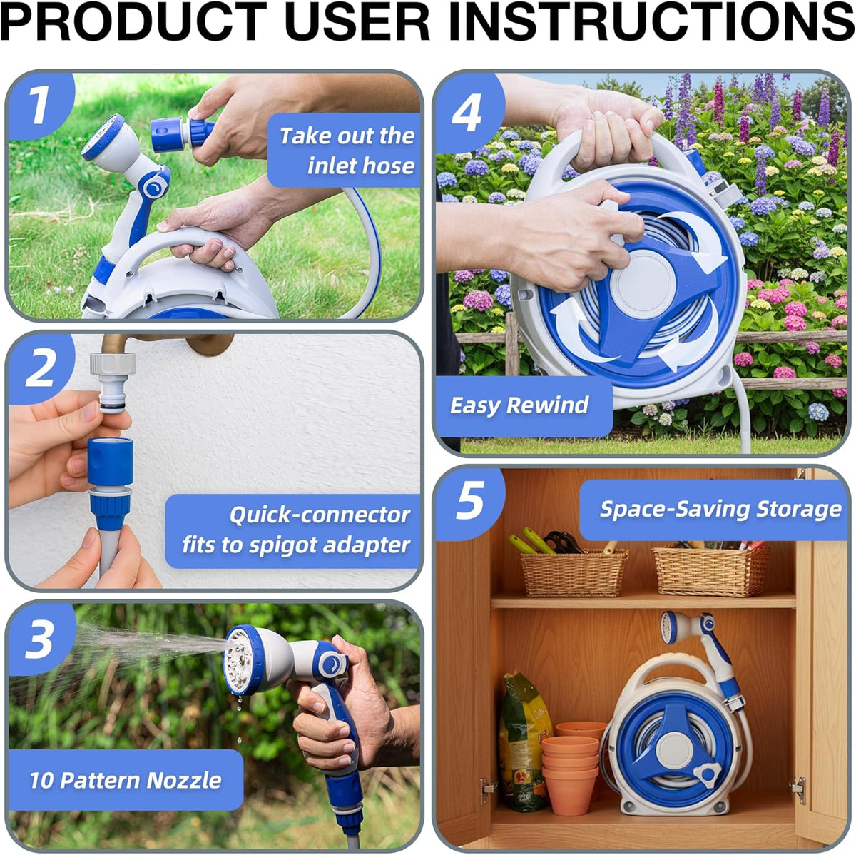 Retractable Garden Hose Reel, Home Hose Reel with10 Patterns Spray Nozzle, Adapts to standard US hose plugs, for Garden Watering, Floor Cleaning, Pet Cleaning, etc (50FT)
