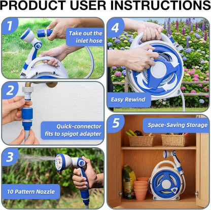 Retractable Garden Hose Reel, Home Hose Reel with10 Patterns Spray Nozzle, Adapts to standard US hose plugs, for Garden Watering, Floor Cleaning, Pet Cleaning, etc (50FT)