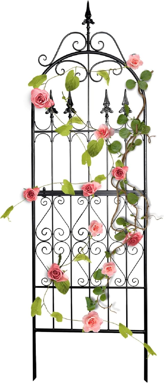 Garden Trellis for Climbing Plants, 70" H x 21.7" W Heavy Duty Metal Trellis, 6FT Rustproof Black Iron Vine Support Trellis with 9.2" Ground Stakes, Decorative Cupid Arrow Design Roses, Vines
