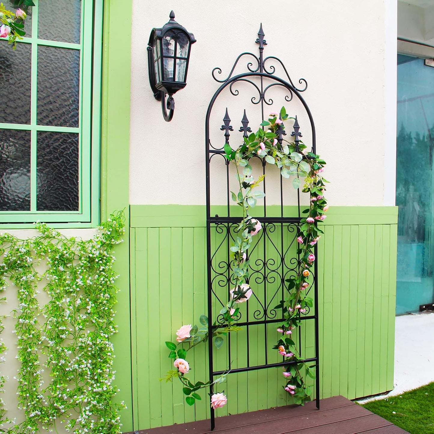 Garden Trellis for Climbing Plants, 70" H x 21.7" W Heavy Duty Metal Trellis, 6FT Rustproof Black Iron Vine Support Trellis with 9.2" Ground Stakes, Decorative Cupid Arrow Design Roses, Vines