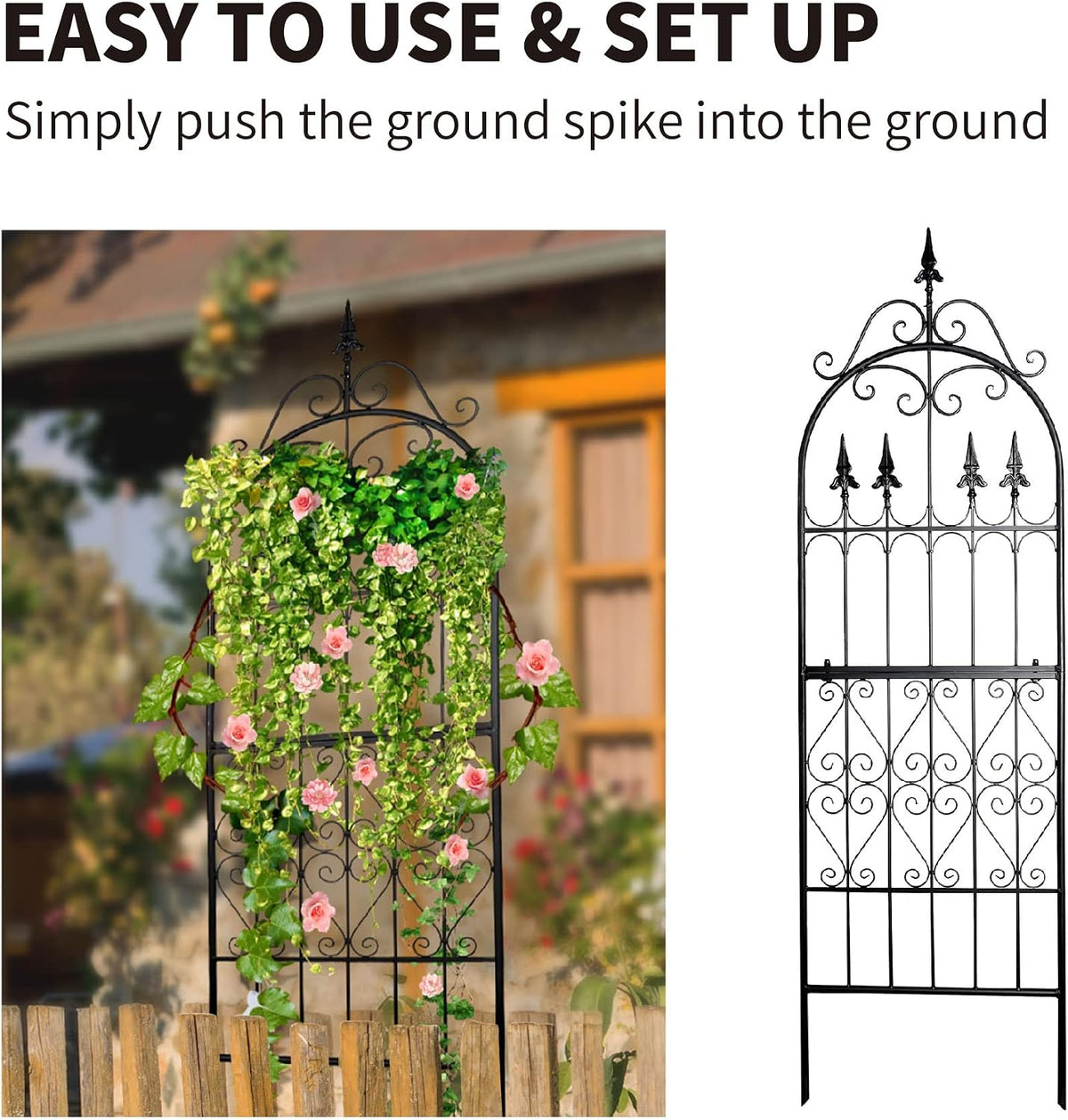 Garden Trellis for Climbing Plants, 70" H x 21.7" W Heavy Duty Metal Trellis, 6FT Rustproof Black Iron Vine Support Trellis with 9.2" Ground Stakes, Decorative Cupid Arrow Design Roses, Vines