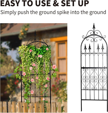 Garden Trellis for Climbing Plants, 70" H x 21.7" W Heavy Duty Metal Trellis, 6FT Rustproof Black Iron Vine Support Trellis with 9.2" Ground Stakes, Decorative Cupid Arrow Design Roses, Vines