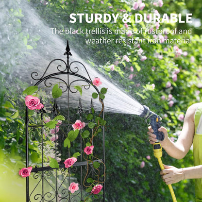 Garden Trellis for Climbing Plants, 70" H x 21.7" W Heavy Duty Metal Trellis, 6FT Rustproof Black Iron Vine Support Trellis with 9.2" Ground Stakes, Decorative Cupid Arrow Design Roses, Vines