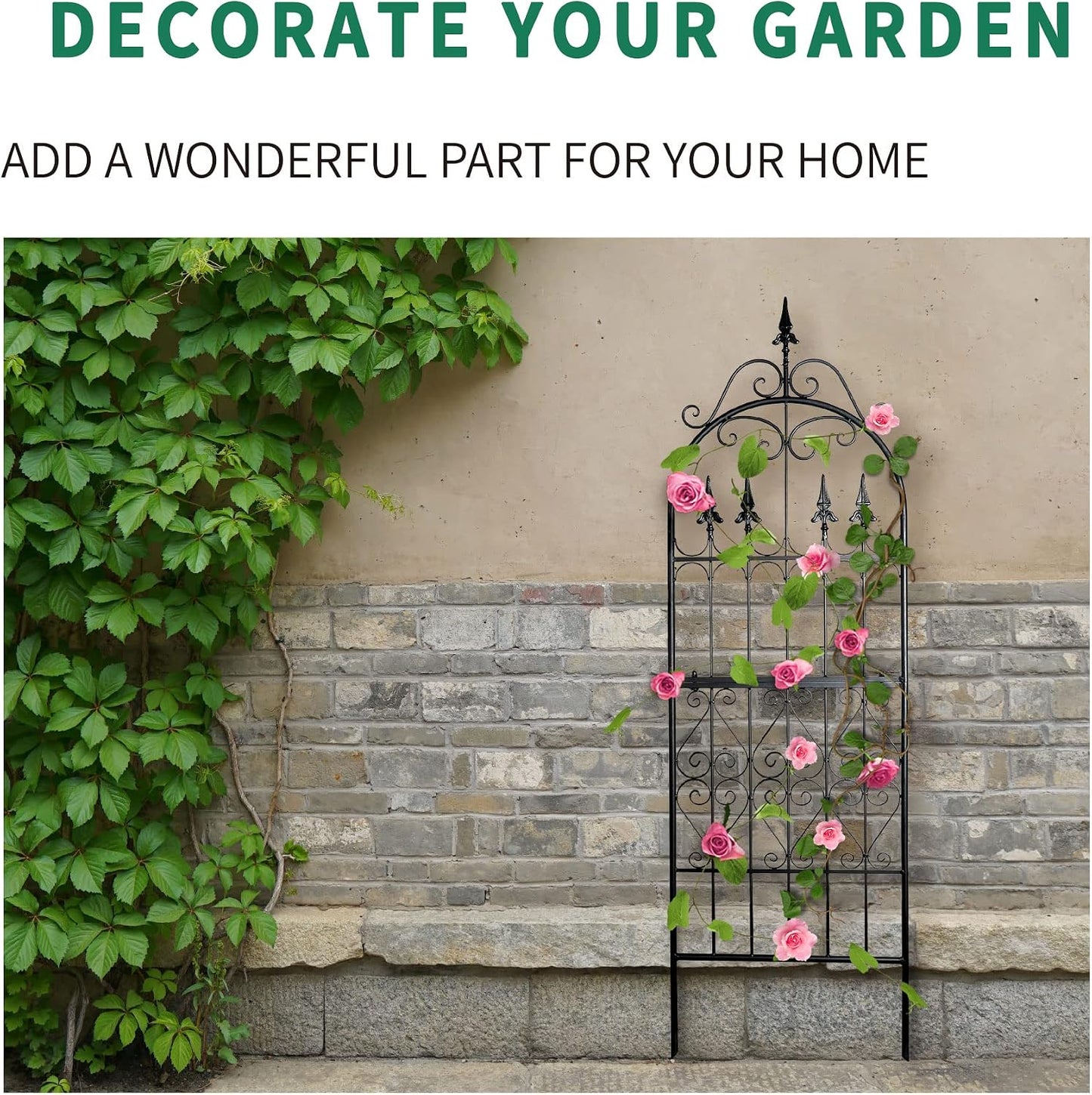 Garden Trellis for Climbing Plants, 70" H x 21.7" W Heavy Duty Metal Trellis, 6FT Rustproof Black Iron Vine Support Trellis with 9.2" Ground Stakes, Decorative Cupid Arrow Design Roses, Vines