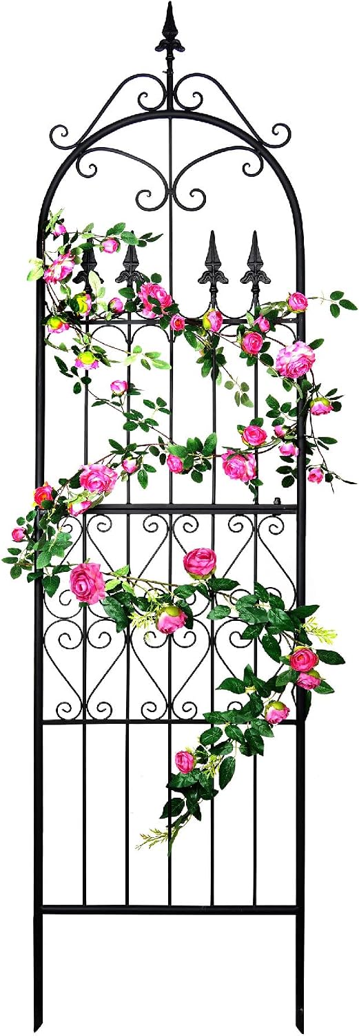 Garden Trellis for Climbing Plants, 70" H x 21.7" W Heavy Duty Metal Trellis, 6FT Rustproof Black Iron Vine Support Trellis with 9.2" Ground Stakes, Decorative Cupid Arrow Design Roses, Vines