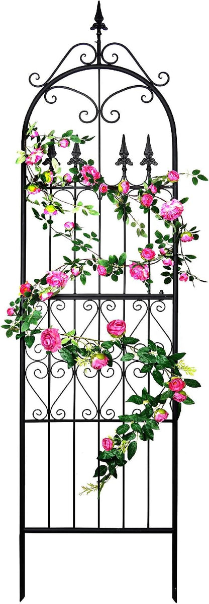 Garden Trellis for Climbing Plants, 70" H x 21.7" W Heavy Duty Metal Trellis, 6FT Rustproof Black Iron Vine Support Trellis with 9.2" Ground Stakes, Decorative Cupid Arrow Design Roses, Vines
