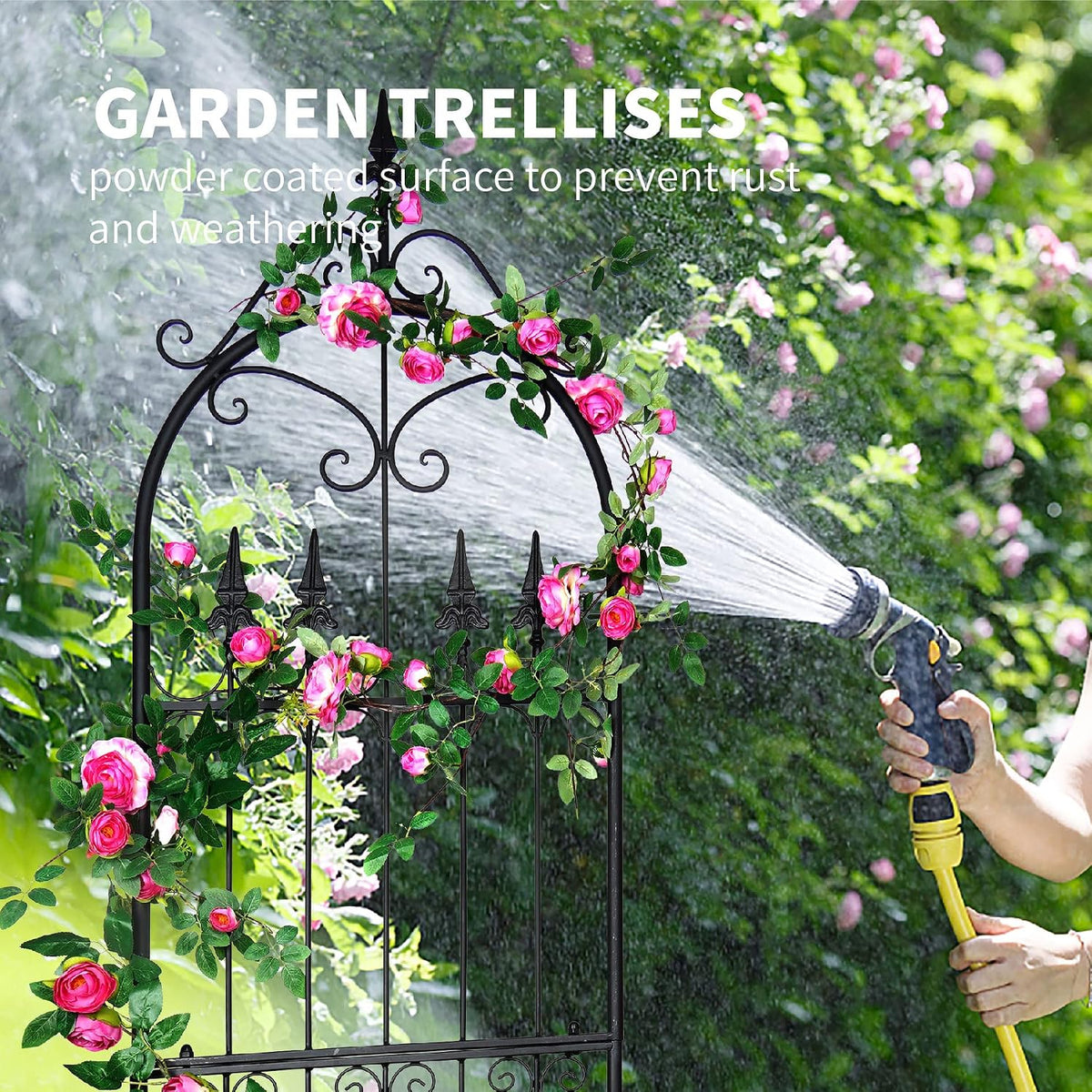 Garden Trellis for Climbing Plants, 70" H x 21.7" W Heavy Duty Metal Trellis, 6FT Rustproof Black Iron Vine Support Trellis with 9.2" Ground Stakes, Decorative Cupid Arrow Design Roses, Vines