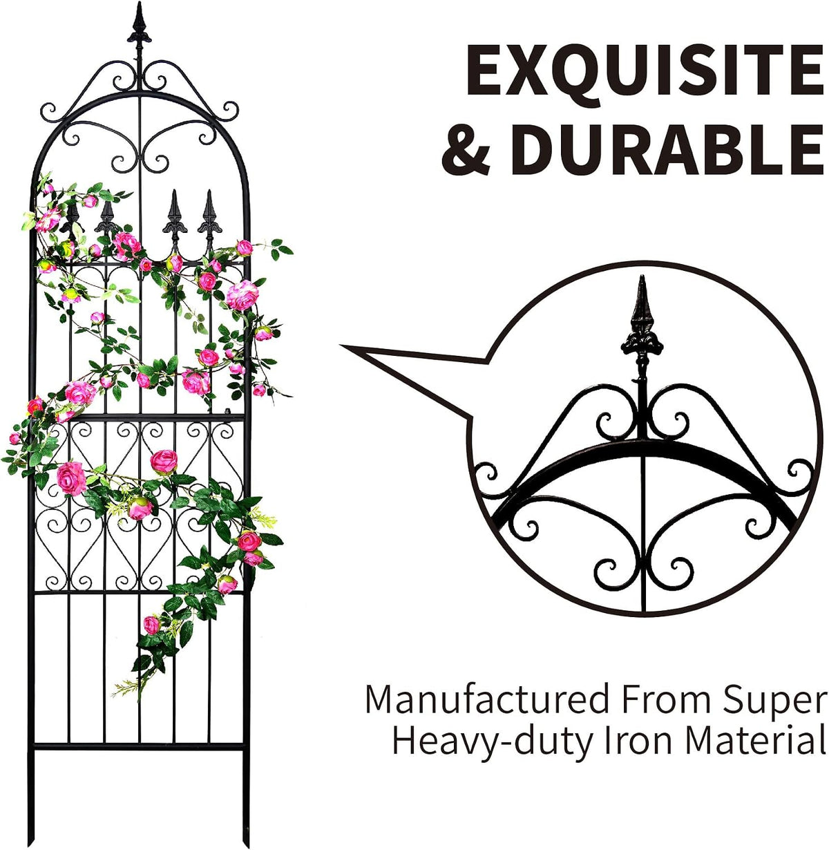 Garden Trellis for Climbing Plants, 70" H x 21.7" W Heavy Duty Metal Trellis, 6FT Rustproof Black Iron Vine Support Trellis with 9.2" Ground Stakes, Decorative Cupid Arrow Design Roses, Vines