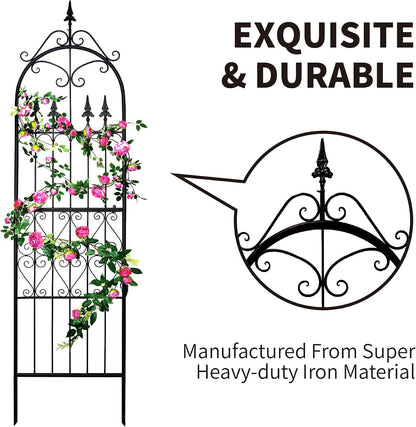 Garden Trellis for Climbing Plants, 70" H x 21.7" W Heavy Duty Metal Trellis, 6FT Rustproof Black Iron Vine Support Trellis with 9.2" Ground Stakes, Decorative Cupid Arrow Design Roses, Vines