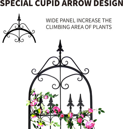 Garden Trellis for Climbing Plants, 70" H x 21.7" W Heavy Duty Metal Trellis, 6FT Rustproof Black Iron Vine Support Trellis with 9.2" Ground Stakes, Decorative Cupid Arrow Design Roses, Vines
