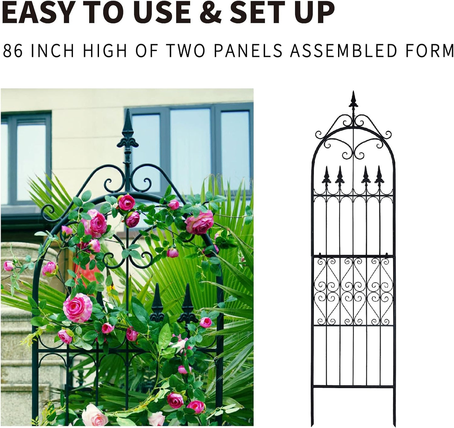 Garden Trellis for Climbing Plants, 70" H x 21.7" W Heavy Duty Metal Trellis, 6FT Rustproof Black Iron Vine Support Trellis with 9.2" Ground Stakes, Decorative Cupid Arrow Design Roses, Vines